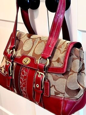 Auth. Rare! Coach Signature Canvas Shoulder Bag with Red Leather Trim